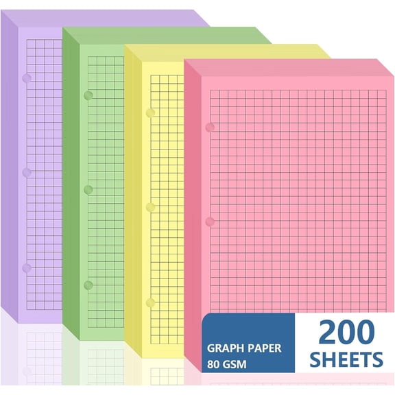 200 sheet Half Letter Graph Paper Refill 3 Hole Punch 5-1/2 x 8-1/2 College Ruled Grid Paper Pad Math Graph Paper Pad Colored Mini Binder Paper Planner Inserts Fits 3 Ring Binders For Office