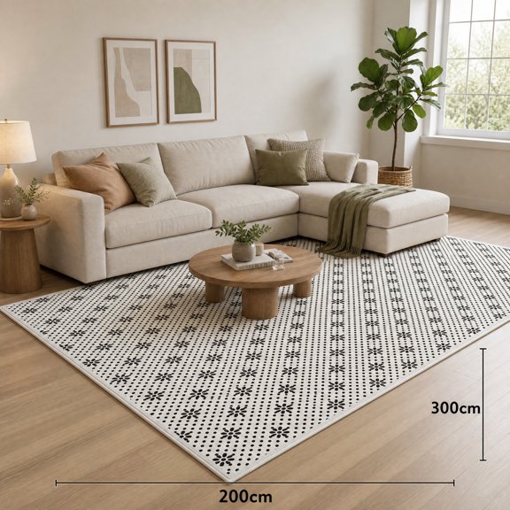 200 x 300 cm Large Rectangular Velvet Area Rug, 1 cm Ultra-Soft Low-Profile Floor Carpet with Black and White Floral Geometric Pattern for Living Room, Bedroom, Sofa Area, Dining Room, Lounge and Hom