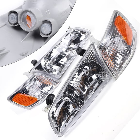 For 2000 2001 Toyota Camry Halogen Front Headlights Assembly Headlamps w/Corner Lights Left Driver+Right Passenger Side 1 Pair Chrome Housing Clear Lens