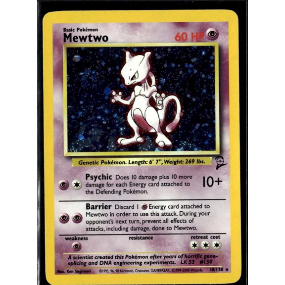 2000 Base Set 2 Mewtwo Holo Rare #10/130 Pokemon Trading Card English WotC HP Poor