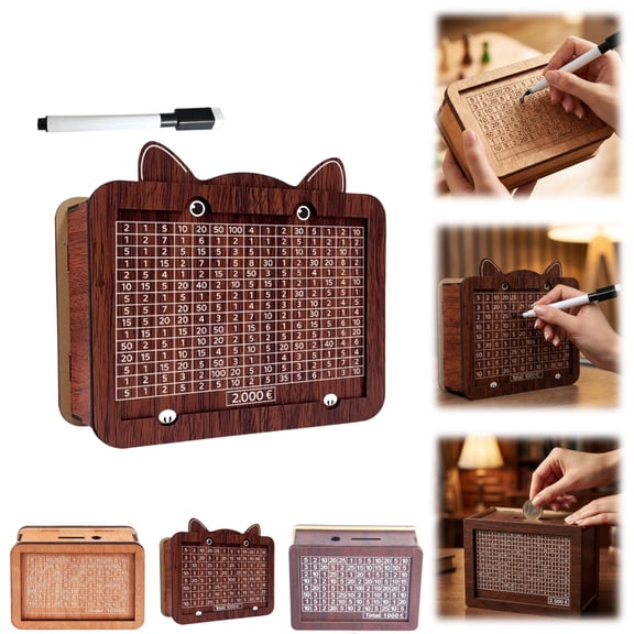 2000 Cash Vault Wooden Savings Box, Cash Saver Box, Wooden Cash Saver Money Box, Money Saving Box, Piggy Bank for Adults, Wooden Money Box with Money Target and Numbers (2000, with Erasable Pen)