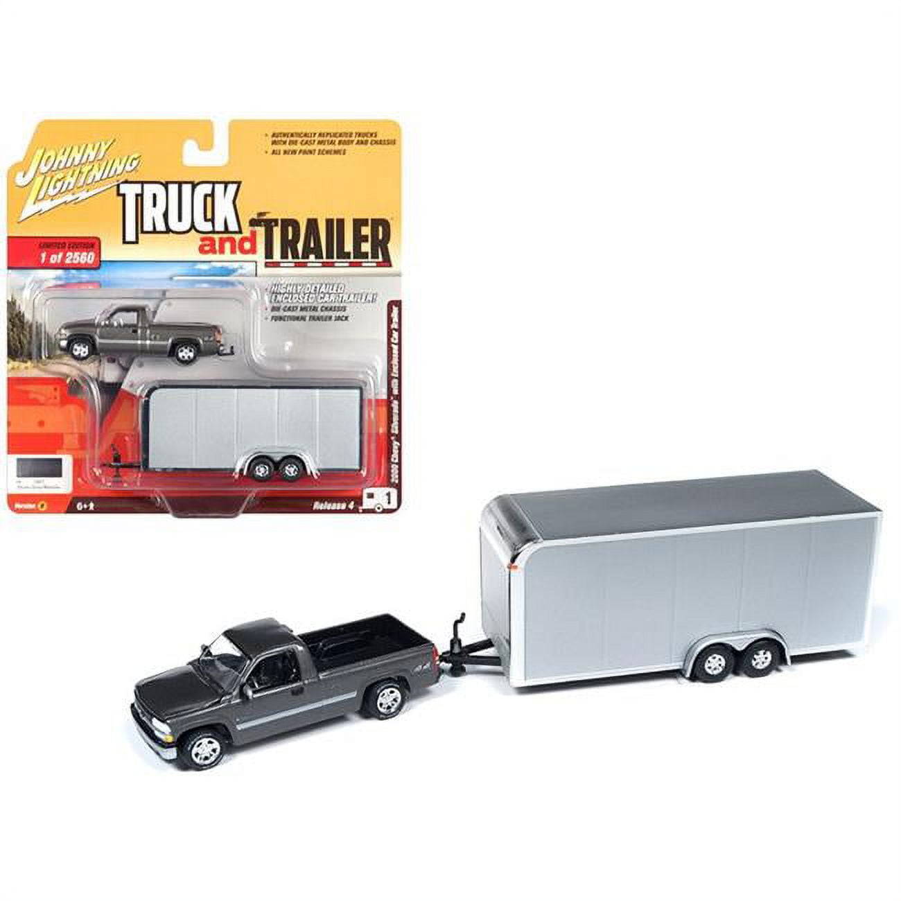 2000 Chevrolet Silverado Pickup Truck Dark Gray with Enclosed Car Trailer Limited Edition to 2,560 pieces Worldwide "Truck and Trailer" Series 4 1/64 Diecast Model Car by Johnny Lightning