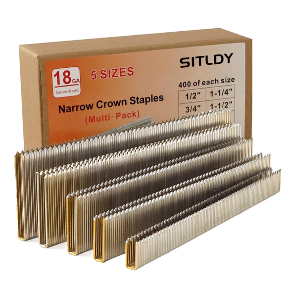 2000-Count 18 Gauge 1/4 Inch Narrow Crown Staples (1/2"+3/4"+1"+1-1/4"+1-1/2"), 400 per Size, Heavy Duty Beveled Chiseled Pointed Galvanized, Assorted Size Project Pack