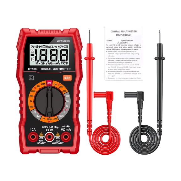 Electrical Multimeter with Lighted 2000 Count Display, Current and Resistance Reading for Appliance Repair, School Lab Practice and Wiring Review
