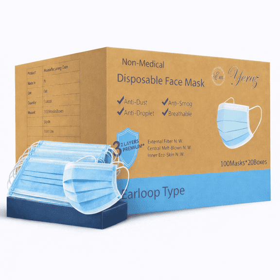 Em Yeraz 2000 Disposable Face Masks 2,000 Protective 3-Ply Breathable Comfortable Nose/Mouth Coverings for Home & Office | Elastic Ear Loop 3-Layer Safety Shield for Adults