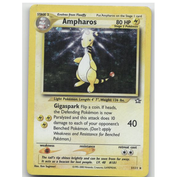 2000 Neo Genesis Ampharos Holo Rare #1/111 Heavily Played Poor English Trading Card