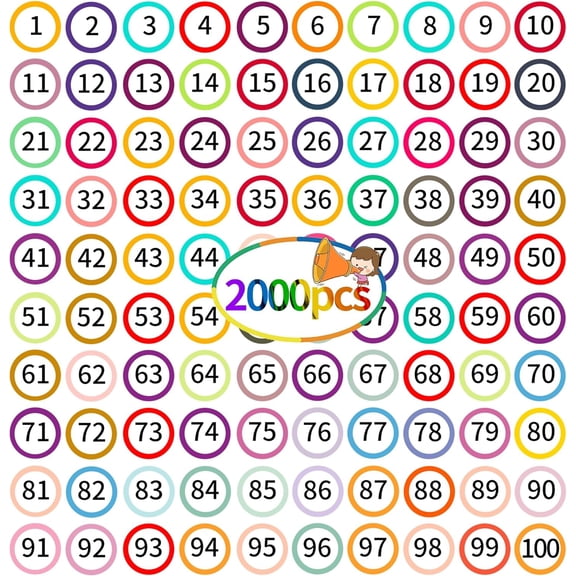 2000 PCS Number Stickers 1-100, 10 Sheets 1 inch Dot Consecutive Number Labels Self-Adhesive Water/Tear Resistant Number Stickers Without Residue for Office, Classroom, Indoor, Boxes, Storage