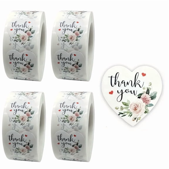 2000 Pcs Heart Floral Thank You Stickers, 4 Rolls 1 Inch Self Adhesive Thank You Labels with Flower Patterns,Suitable for Envelopes Gift Packaging Wedding Birthday Party Decor