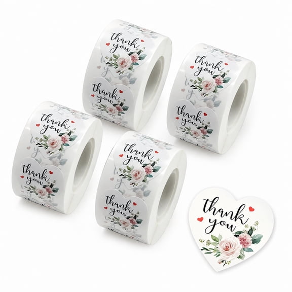 2000 Pcs Heart Floral Thank You Stickers, 4 Rolls 1 Inch Self Adhesive Thank You Labels with Flower Patterns,Suitable for Envelopes Gift Packaging Wedding Birthday Party Decor