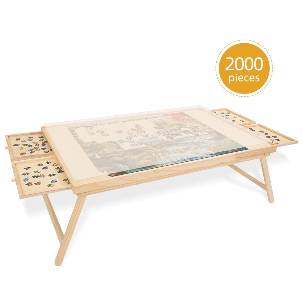2000 Piece Portable Puzzle Board with Folding Legs,41" x 28" Wooden Jigsaw Puzzle Table with 4 Drawers & Cover, Family Multifunctional Folding Table for Adults