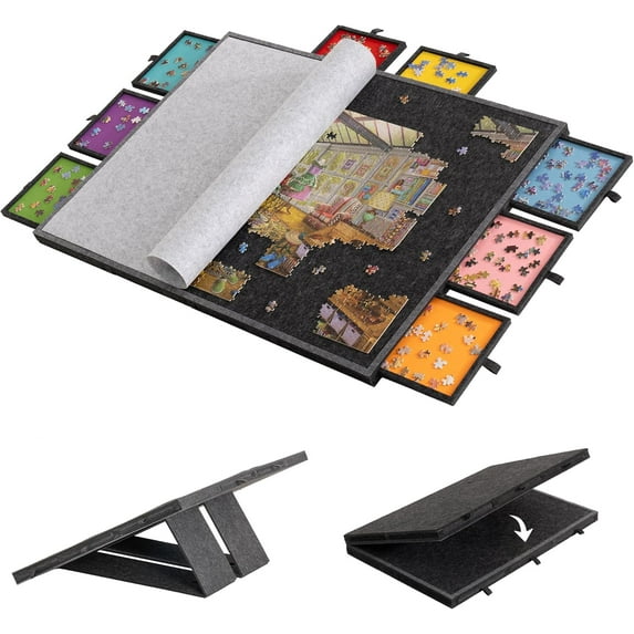 2000 Piece Tilting & Foldable Puzzle Board with 8 Colored Drawers & Cover, Adjustable Lightweight Puzzle Plateau with Built-in Stands, Portable Jigsaw Puzzle Table with Storage for Adults
