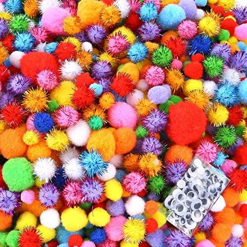 2000 Pieces Assorted Sizes Multicolor Pompoms Glitter Pom Poms with 4 Sizes Wiggle Eyes for Hobby DIY Art Craft Supplies
