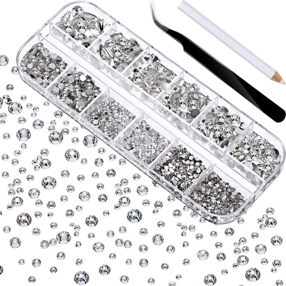2000 Pieces Flat Back Gems Rhinestones 6 Sizes (1.5-6 Mm) Round Crystal with Pick up Tweezer and Rhinestones Picking Pen for Crafts Nail Clothes Shoes Bags DIY Art (Clear)