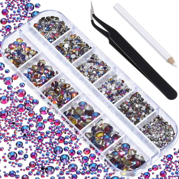2000 Pieces Flat Back Gems Rhinestones 6 Sizes (1.5-6 Mm) Round Crystal Rhinestones with Pick up Tweezer and Rhinestones Picking Pen for Crafts Nail Clothes Shoes Bags DIY Art (Blue Flame)