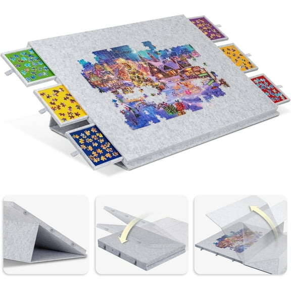 2000 Pieces Portable Jigsaw Puzzle Board with 6 Drawers & Trays, Tilting Jigsaw Table with 2-in-1 Puzzle Stand & Cover, Lightweight Puzzle Storage Saver with Easel- Light Gray