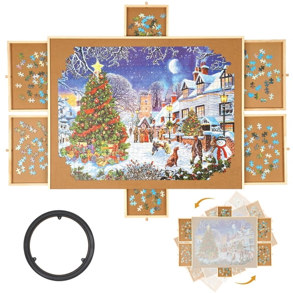 ​​2000 Pieces Puzzle Board with 6 Drawers – 41”x29” Rotating Puzzle Board & Organizer | Wooden Jigsaw Puzzle Table with Cover, Lazy Susan & Storage Trays for Adults