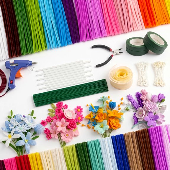 2000 Pipe Cleaners Kit, 30 Assorted Colors Chenille Stems with Glue Gun, Floral Stems, Stamens and Floral Tape for Flower Bouquets and DIY Crafts