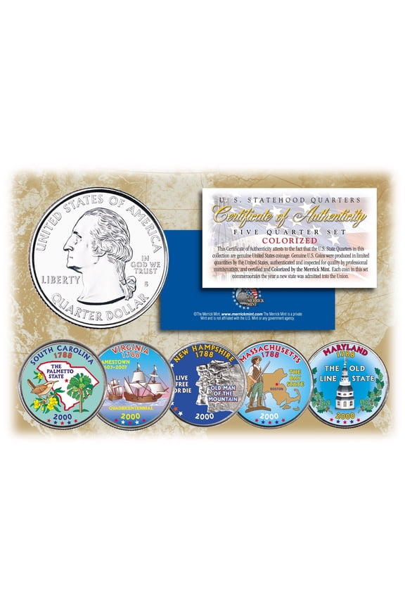 2000 US Statehood Quarters COLORIZED Legal Tender 5-Coin Complete Set w/Capsules