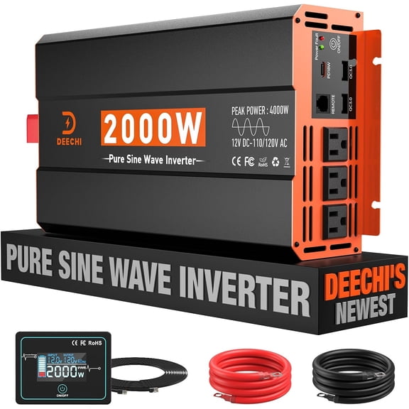 2000 Watt Pure Sine Wave Inverter 12V DC to 110V/120V AC Converter for RV/Truck/Home/Off-Grid Solar Car Power Vehicles with 3 AC, 2 USB & 1 Type-C Ports, Remote Controller Cable Included