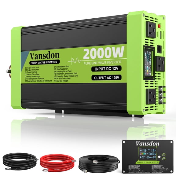 2000 Watt Pure Sine Wave Inverter 12V DC to 110V/120V AC Power Inverters for RV Truck Solar, 3 AC Outlets, USB-C, LCD Remote