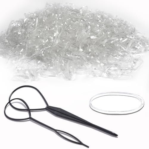 2000 count Elastic Hair Accessories Set - Clear Mini Rubber Ties, Soft Non-Slip Small Ponytail Bands with Topsy Tail Tools for Girls