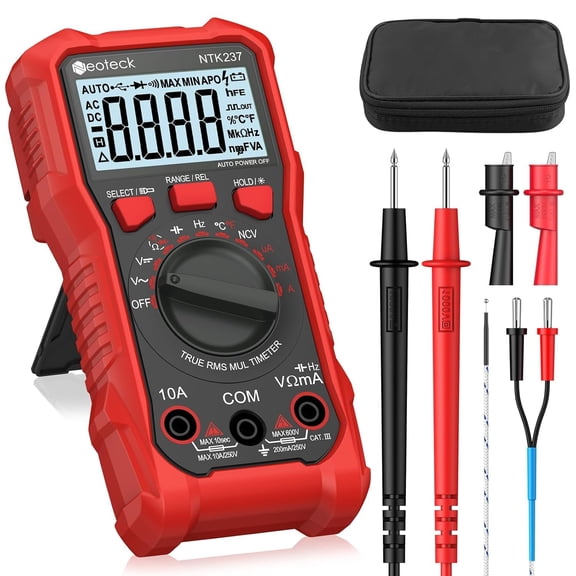 2000 count digital multimeter voltmeter tester lead, for / voltage & current, resistance, capacitance, live wire, frequency, temperature, duty cycle, continuity, diode measurement - red