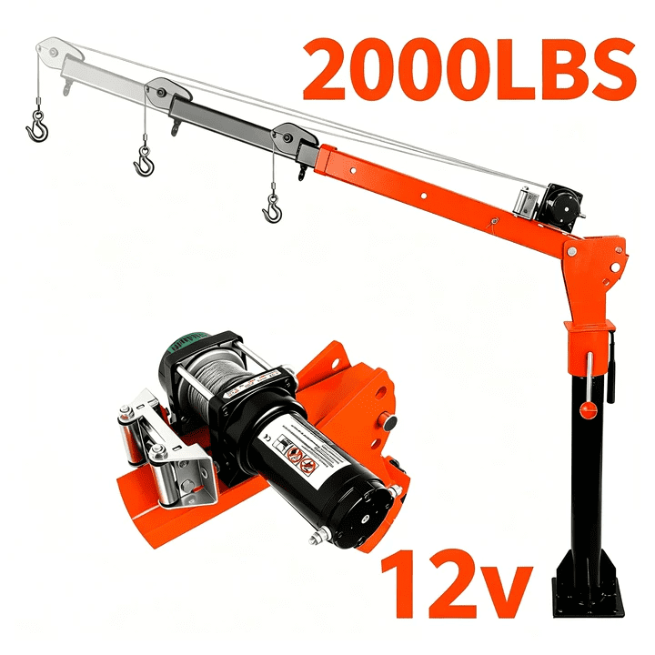 2000 lbs Electric Winch Truck Crane, 1100 lbs Pickup Bed Hoist, Alloy Steel Jib Crane (66.93" × 45.6" × 9.2"), 360° Rotation & 3-Level Adjustable Arm for Engine, Trailer, Boat