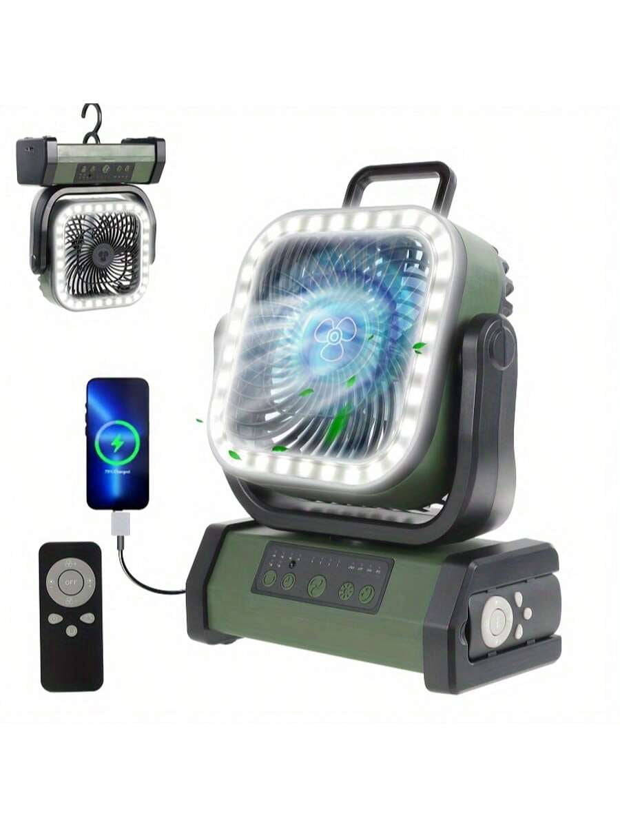 20000/30000mAh Camping Fan - With Rechargeable Li-Polymer Battery With LED Lantern - Portable Outdoor Tent Fan With Hook, 4-Speed Wind Remote Control,Green
