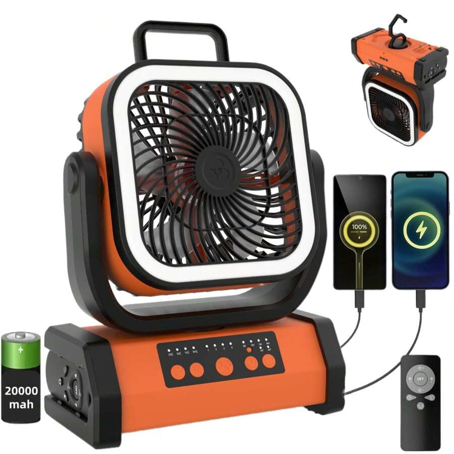 20000/30000mAh Camping Fan - With Rechargeable Li-Polymer Battery With LED Lantern - Portable Outdoor Tent Fan With Hook, 4-Speed Wind Remote Control