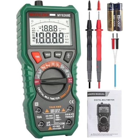 20000 Counts  Digital Multimeter, TRMS Auto-Ranging Multimeter  Voltmeter Accurately Measures  Current Resistance Diodes Continuity Duty-Cycle Capacitor Temperature