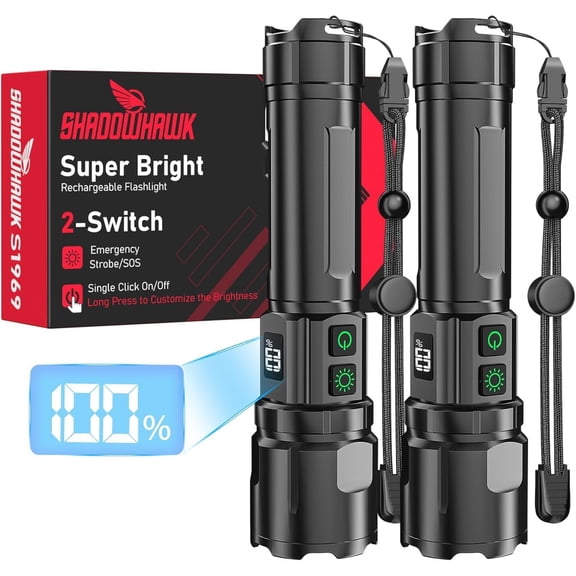 20000 High Lumens Rechargeable - 2 Pack 30W Super Bright LED Flash Light | 24H Long Lasting & 5000ft Beam USB C High Powered Handheld Police for Home/Camping/Hiking/Emergency