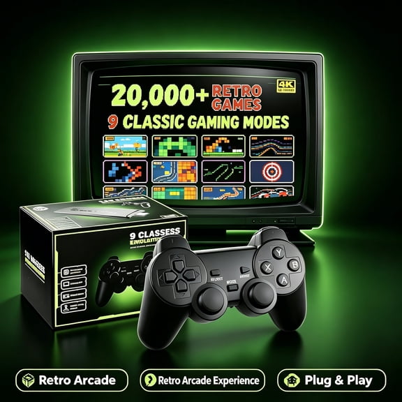 20000+ Retro Arcade Game System, Plug & Play Video Game Stick with 2 Wireless Controllers & 9 Classic Emulators, HD Output Retro Gaming Console for TV, Family Party Gift