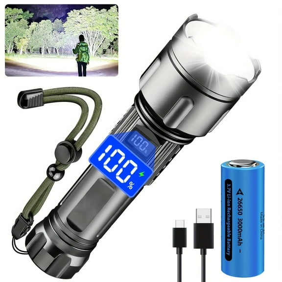 1pc 200000 High Lumens Rechargeable Flashlight with Type-C Fast Charging & 26650 Battery, 5 Modes Zoomable Waterproof Handheld Flashlight for Camping, Hiking, Hurricane