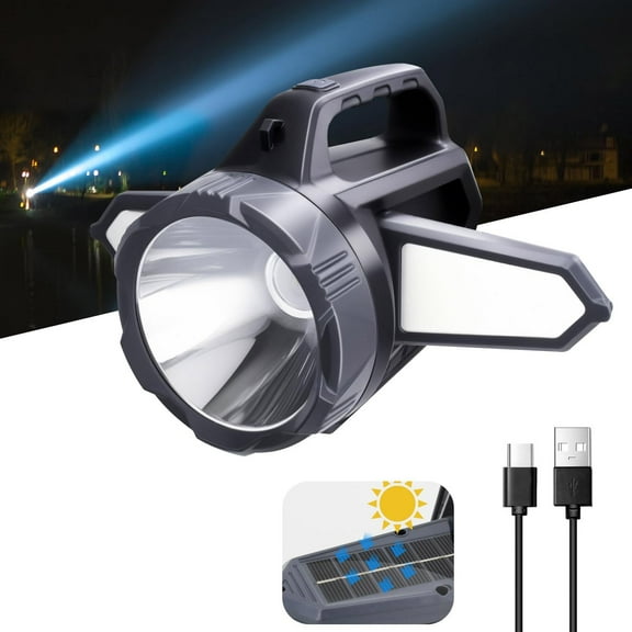 200000 Lumens Spotlight, Rechargeable Spotlight Flashlight with Dual Floodlight and Solar Panels, LED spot Lights Outdoor Handheld Flashlights, 3+2 Modes,  IPX6 Waterproof