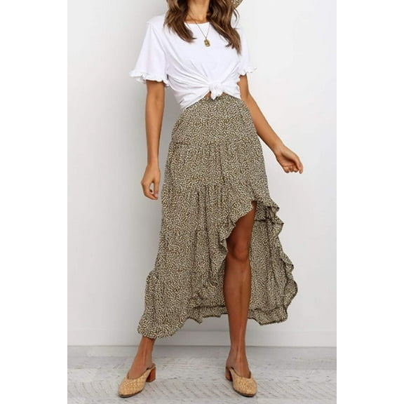 Boho Floral Print Midi Skirt Casual Side Slit Skir