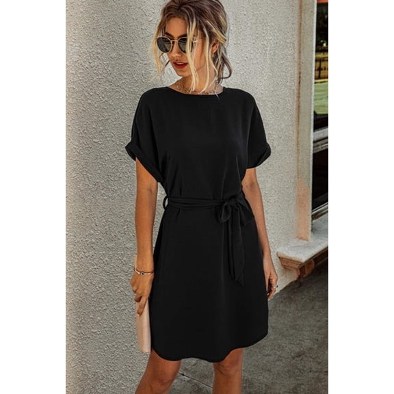 Solid Round Neck Tie Waist Belt Fit Dress
