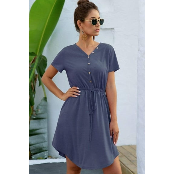 Solid V Neck Button Down Tie Waist Jersey Dress