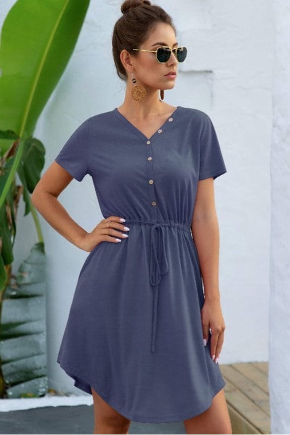 Solid V Neck Button Down Tie Waist Jersey Dress