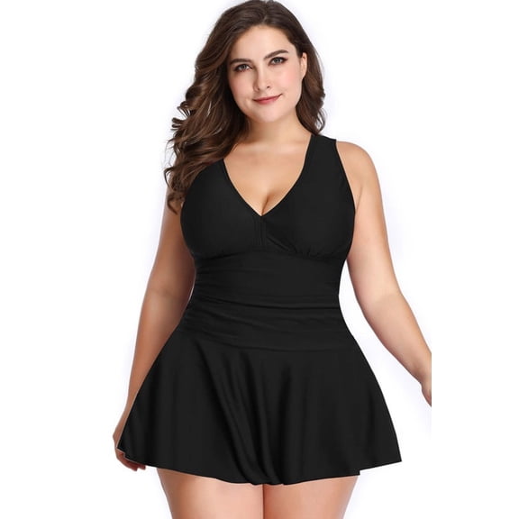 Plus Size Solid Ruffle V Neck Fit Swimsuits