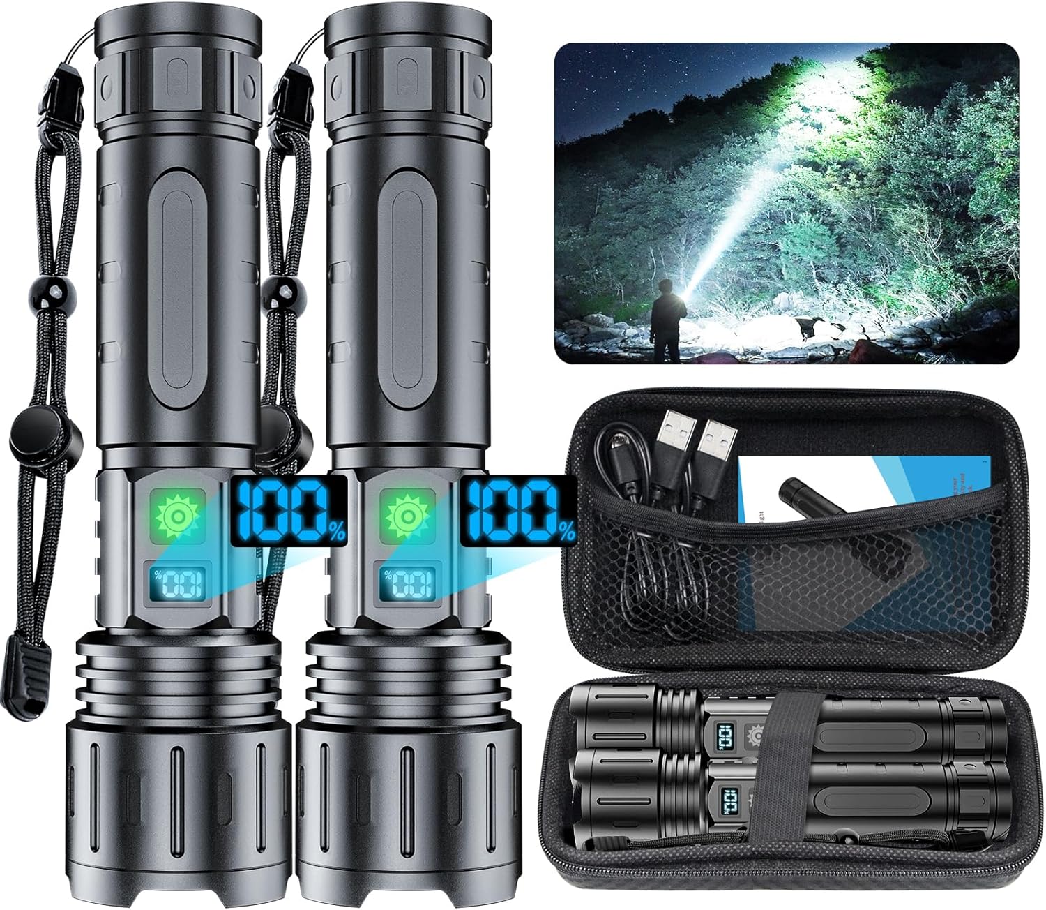 20000LM Super Bright Flashlight - 1500m Beam, USB Rechargeable, 5 Modes, IPX5, 20H Runtime, 2 Pack