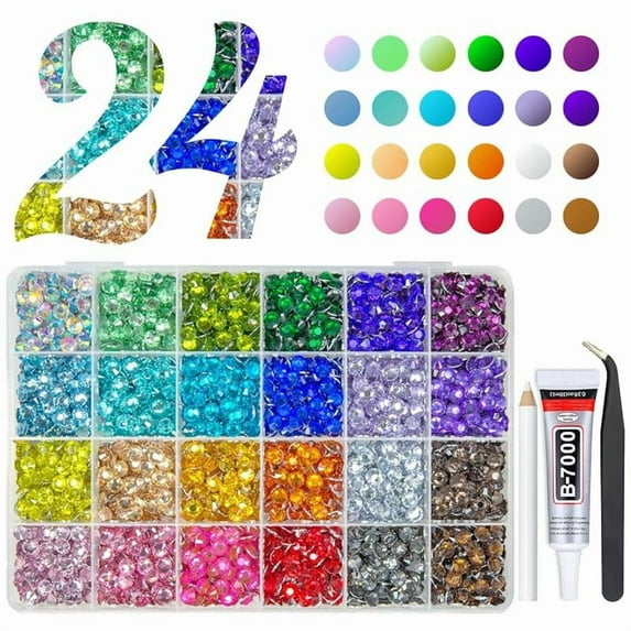 20000PCS 24 Color Resin Rhinestones w B7000 Jewelry Glue for Bedazzling Crafting 3mm 4mm Flatback Crystal Stones Rainbow Colorful Gems Diamonds Crystals for Nails Face Makeup Tumblers Crafts