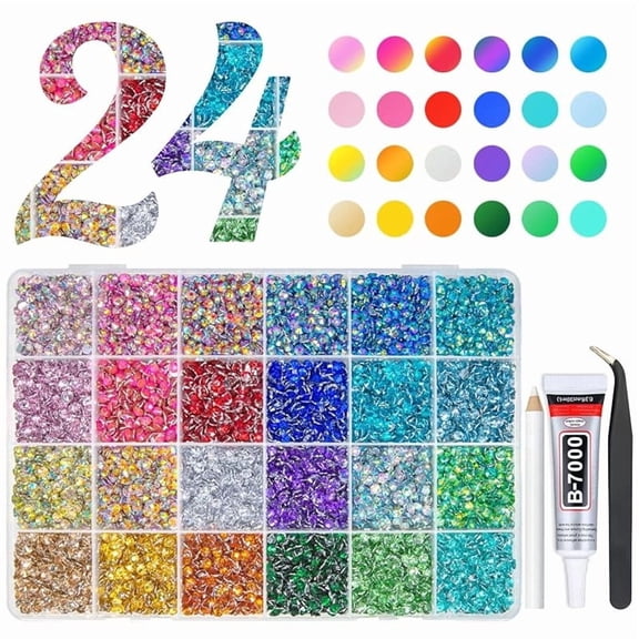 20000PCS 24 Color Resin Rhinestones w B7000 Jewelry Glue for Bedazzling Crafting 3mm 4mm Flatback Crystal Stones Rainbow Colorful Gems Diamonds Crystals for Nails Face Makeup Tumblers Crafts