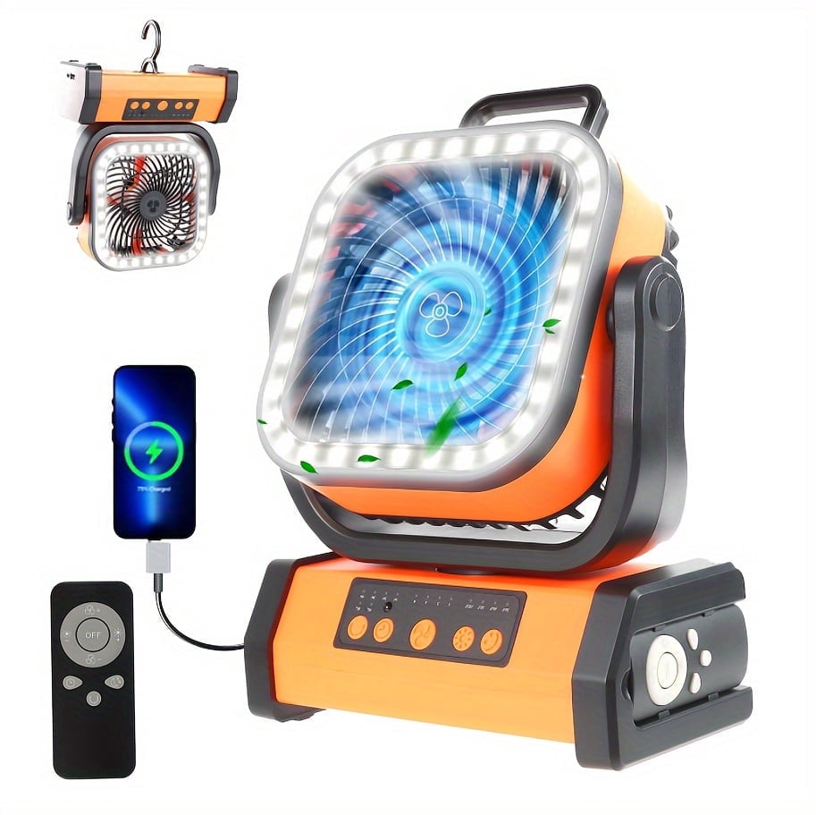 20000mAH Camping Fan - With Rechargeable Li-Polymer Battery with LED Lantern - Portable Outdoor Tent Fan with Hook, 4-speed wind remote control