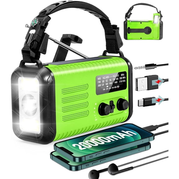 20000mAh/ 74000mWh Emergency Hand Crank Radio, AM/FM/NOAA Portable Weather Battery Powered Solar Radios with USB Phone Charger, Reading Lamp Flashlight & SOS for Emergency/Hurricane/Home