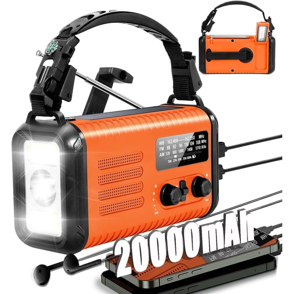 20000mAh / 74000mWh Emergency Radio, Solar Hand Crank Radio AM/FM/NOAA Weather Battery Powered with Cell Phone Charger, SOS Alarm, Flashlight & Reading Lamp for Emergencies Hurricane Camping