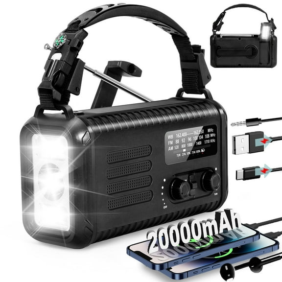 20000mAh / 74000mWh Emergency Radio, Solar Hand Crank Radio AM/FM/NOAA Weather Radio, with Power Bank Phone Charger, SOS Alarm, Flashlight & Reading Lamp for Emergencies Hurricane Camping