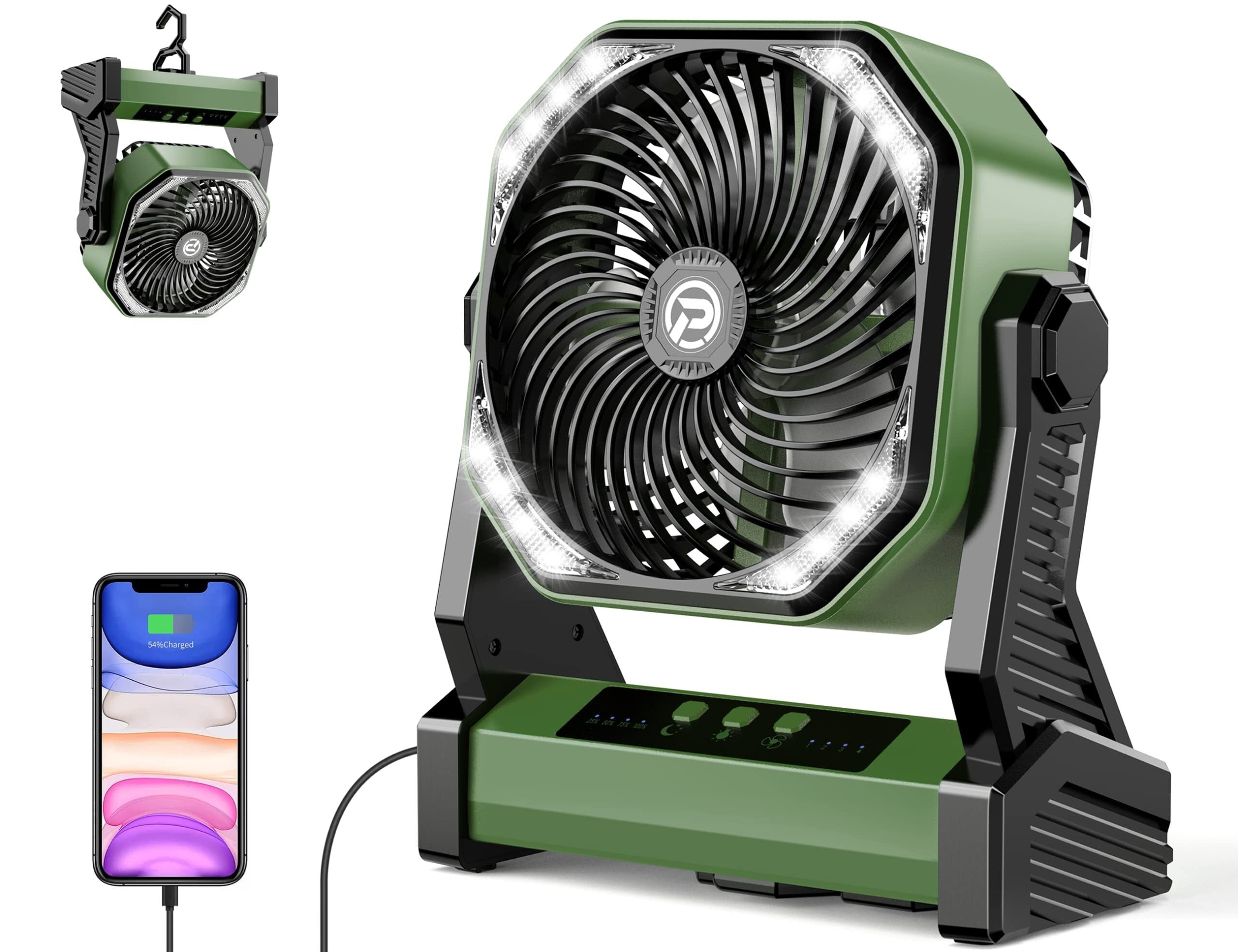 20000mAh Battery Powered Fan, Portable Rechargeable Desktop/Camping Fan with Light and Hook, 270° Rotation 4 Speed ​​Battery Powered Outdoor Fan for Tent, Car Travel, Sleeping, Hurricane,