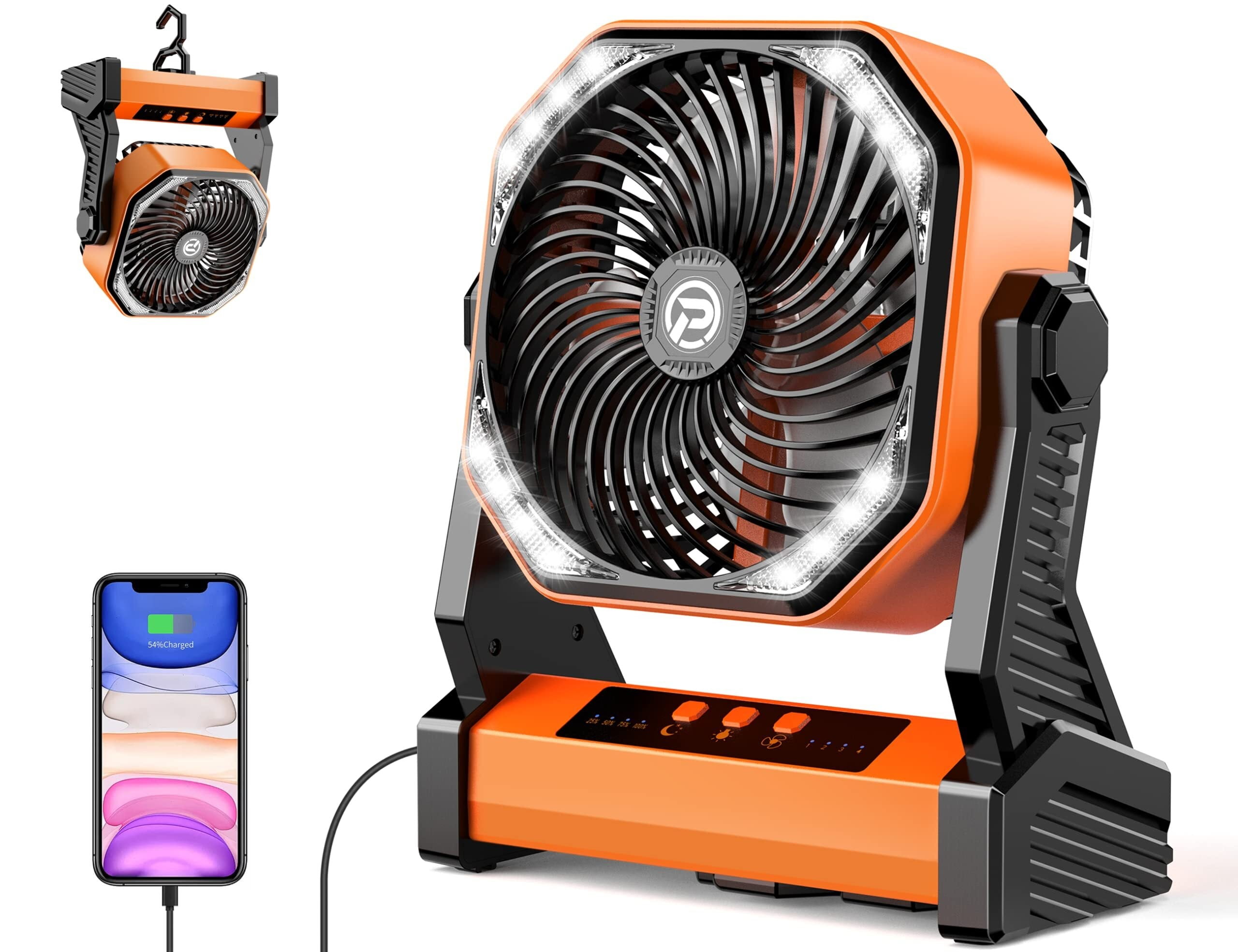 20000mAh Battery Powered Fan, Portable Rechargeable Desktop/Camping Fan with Light and Hook, 270° Rotation 4 Speed ​​Battery Powered Outdoor Fan for Tent, Car Travel, Sleeping, Hurricane,