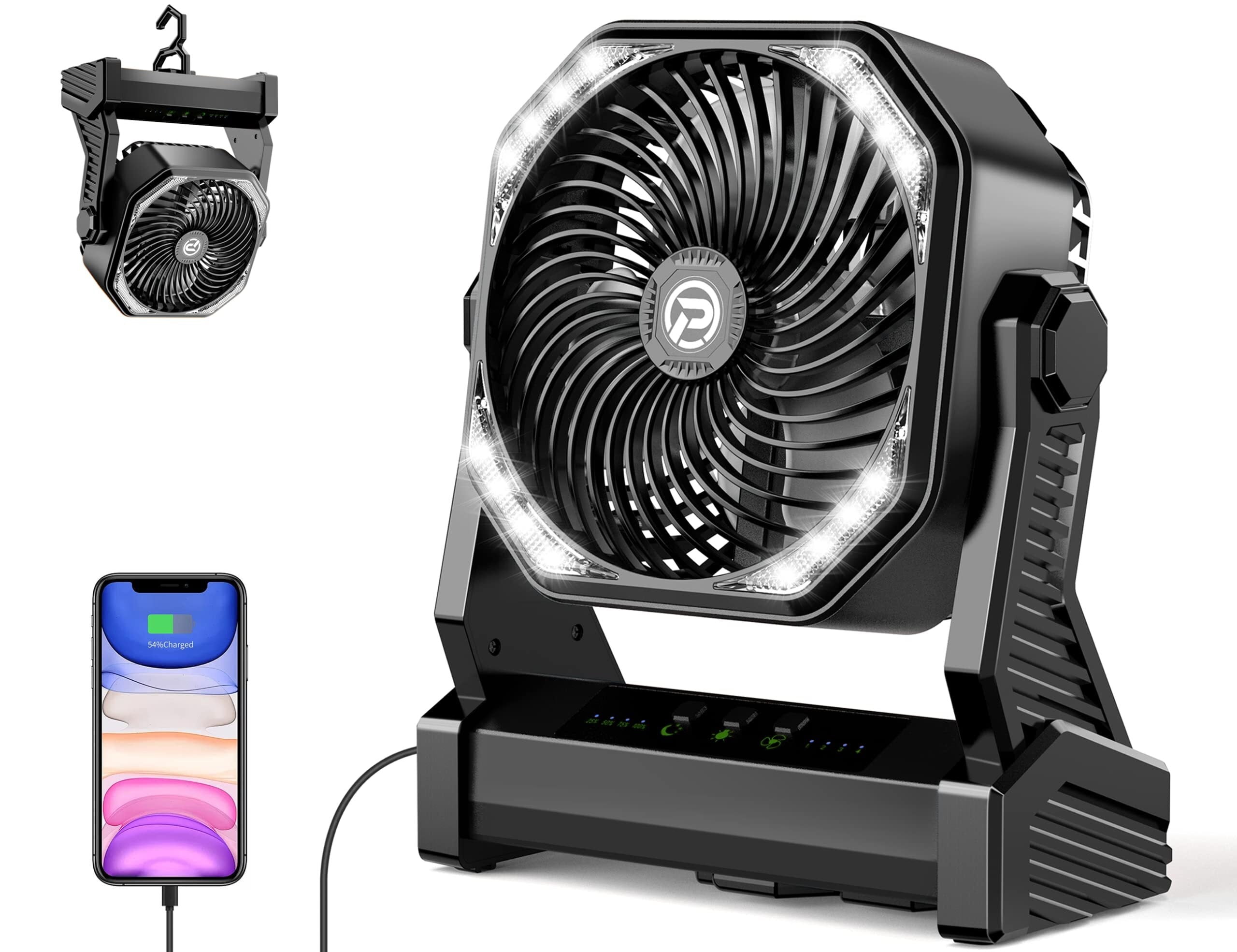 20000mAh Battery Powered Fan, Portable Rechargeable Desktop/Camping Fan with Light and Hook, 270° Rotation 4 Speed ​​Battery Powered Outdoor Fan for Tent, Car Travel, Sleeping, Hurricane,