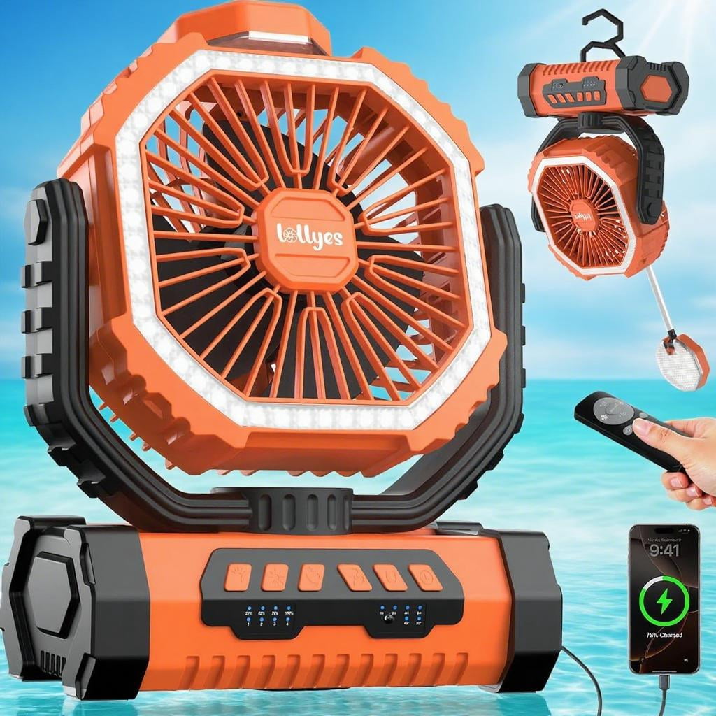 20000mAh Battery-Powered Outdoor Camping Fan with Light - Rechargeable, 4 Speeds, Remote Control, 360 Rotating Hook. Ideal for Travel, Tenting, RVing, Fishing & Beach (Orange)